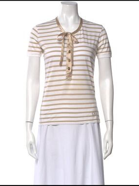 D & G Women’s Short-Sleeve Striped Silk Tie-Neck Top in Beige and White
